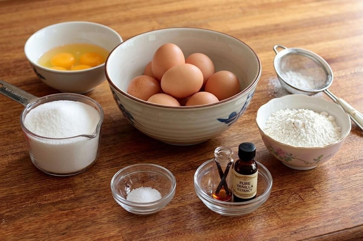 Wooden table displaying Swiss roll ingredients including bowls of eggs, sugar, flour, vanilla extract, and a sifter Wooden table displaying Swiss roll ingredients including bowls of eggs, sugar, flour, vanilla extract, and a sifter