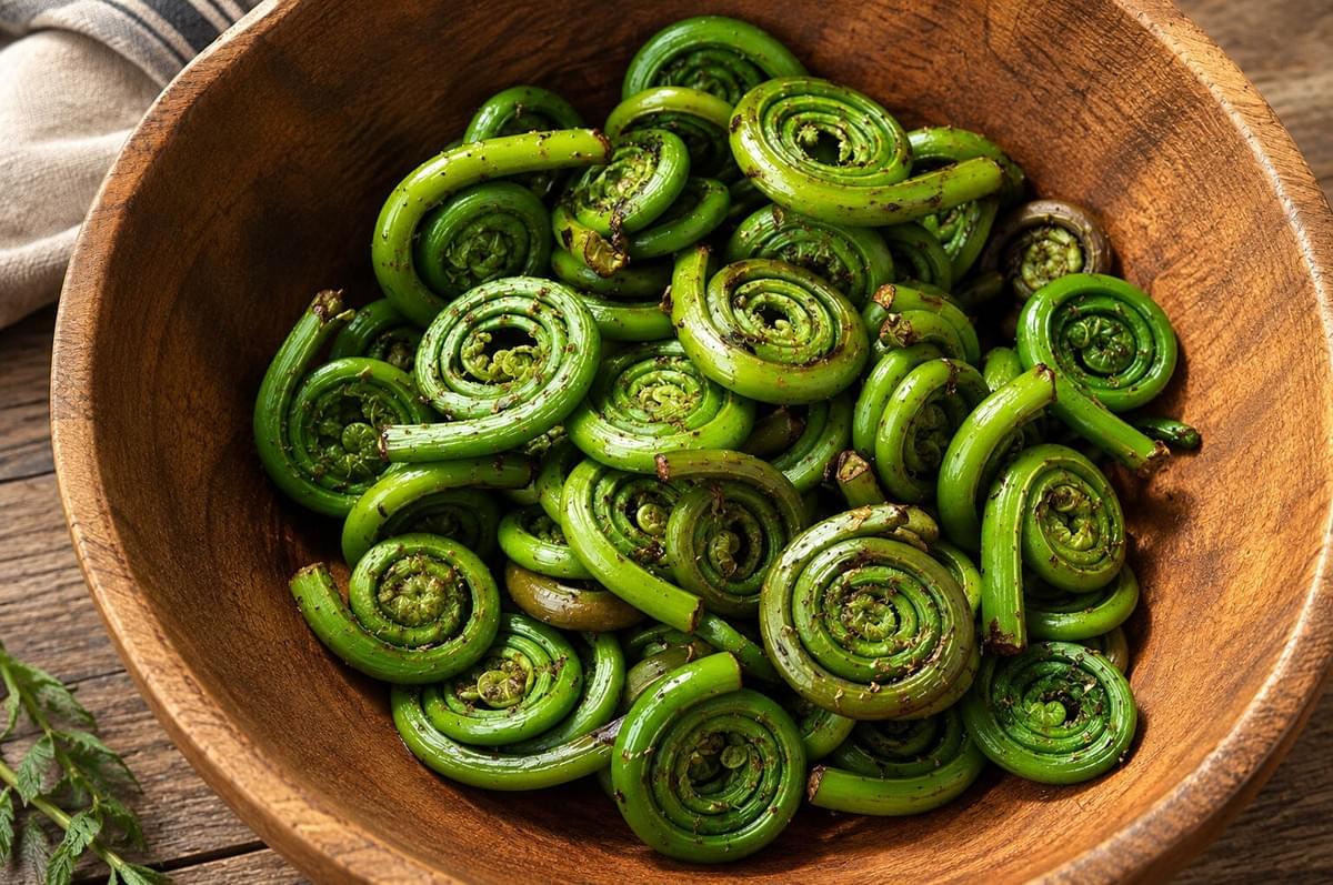 Cooked green fiddlehead fern fronds tossed with seasoning in a wooden bowl. Cooked green fiddlehead fern fronds tossed with seasoning in a wooden bowl.