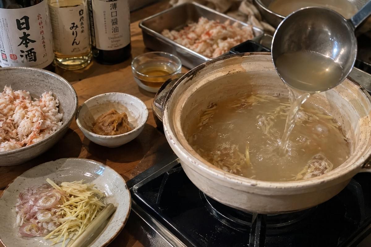 A cooking setup on a countertop features a silver ladle pouring clear broth into a ceramic claypot bubbling over a portable stove burner. Surrounding the pot are various prep ingredients in small ceramic bowls and plates, including flaked crab meat, julienned ginger, paste seasoning, and bottles of Japanese cooking sake, mirin, and soy sauce lined up in the background. A cooking setup on a countertop features a silver ladle pouring clear broth into a ceramic claypot bubbling over a portable stove burner. Surrounding the pot are various prep ingredients in small ceramic bowls and plates, including flaked crab meat, julienned ginger, paste seasoning, and bottles of Japanese cooking sake, mirin, and soy sauce lined up in the background.