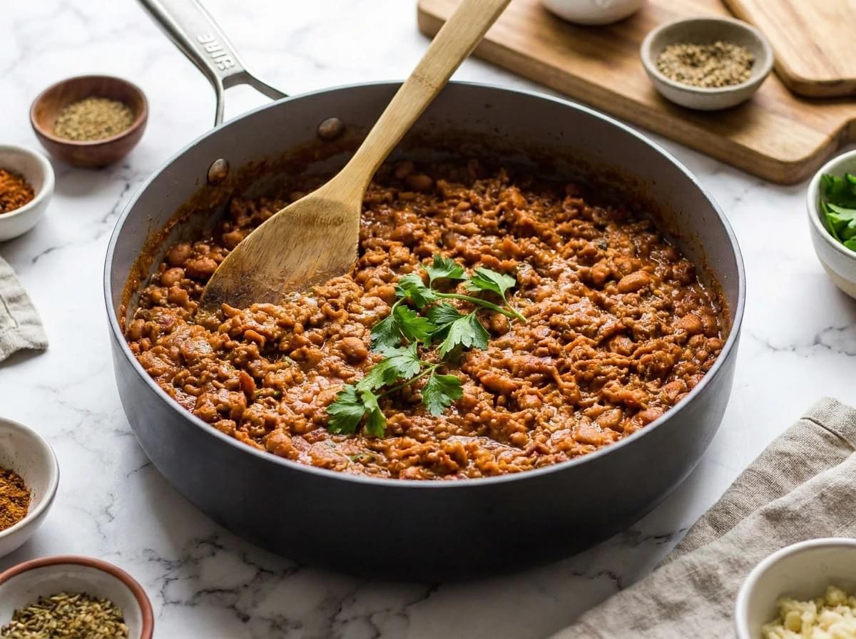 Large skillet filled with savory chili or minced meat and bean stew, garnished with fresh parsley sprigs. Large skillet filled with savory chili or minced meat and bean stew, garnished with fresh parsley sprigs.