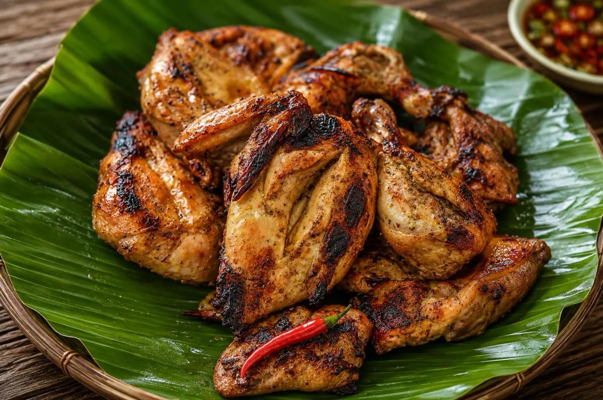 "A platter of grilled chicken pieces with charred skin, served on a banana leaf lined woven tray with a red chili pepper.” "A platter of grilled chicken pieces with charred skin, served on a banana leaf lined woven tray with a red chili pepper.”