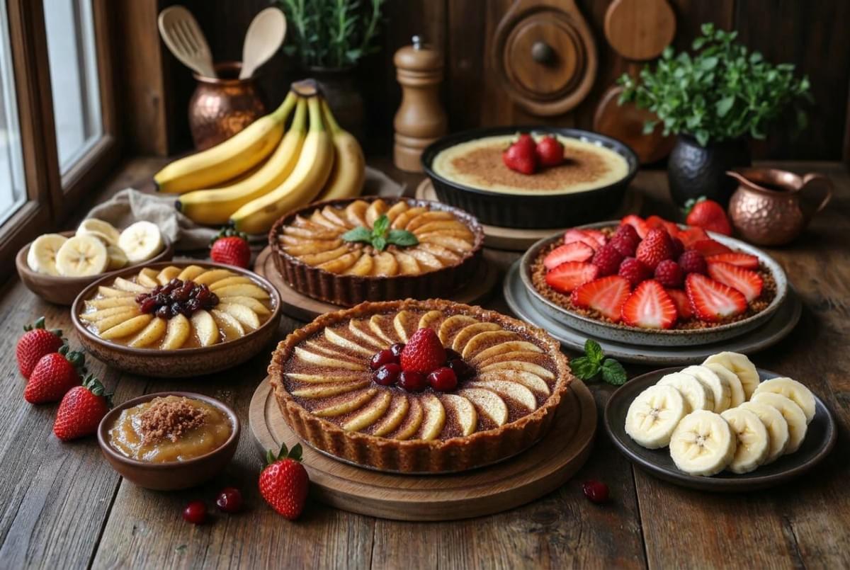 Selection of fruit tarts topped with sliced bananas, apples, and fresh strawberries on a wooden counter. Selection of fruit tarts topped with sliced bananas, apples, and fresh strawberries on a wooden counter.