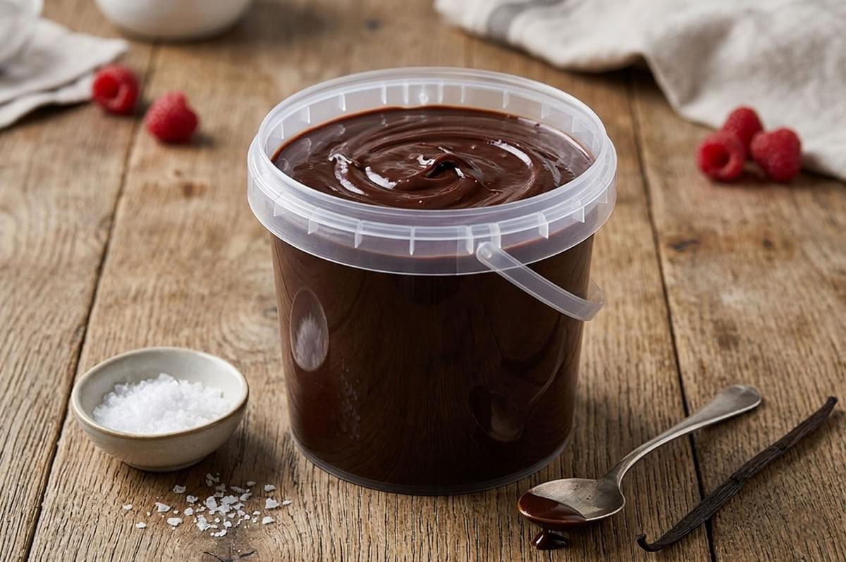Plastic container of rich chocolate ganache on a wooden table with raspberries, sea salt, and vanilla bean Plastic container of rich chocolate ganache on a wooden table with raspberries, sea salt, and vanilla bean