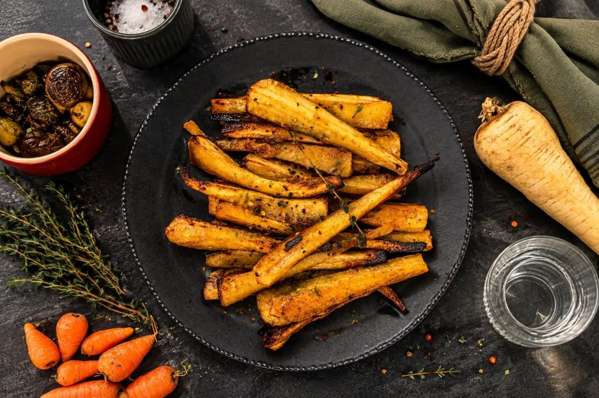 Black plate piled with roasted parsnips seasoned with herbs, surrounded by fresh baby carrots and thyme. Black plate piled with roasted parsnips seasoned with herbs, surrounded by fresh baby carrots and thyme.