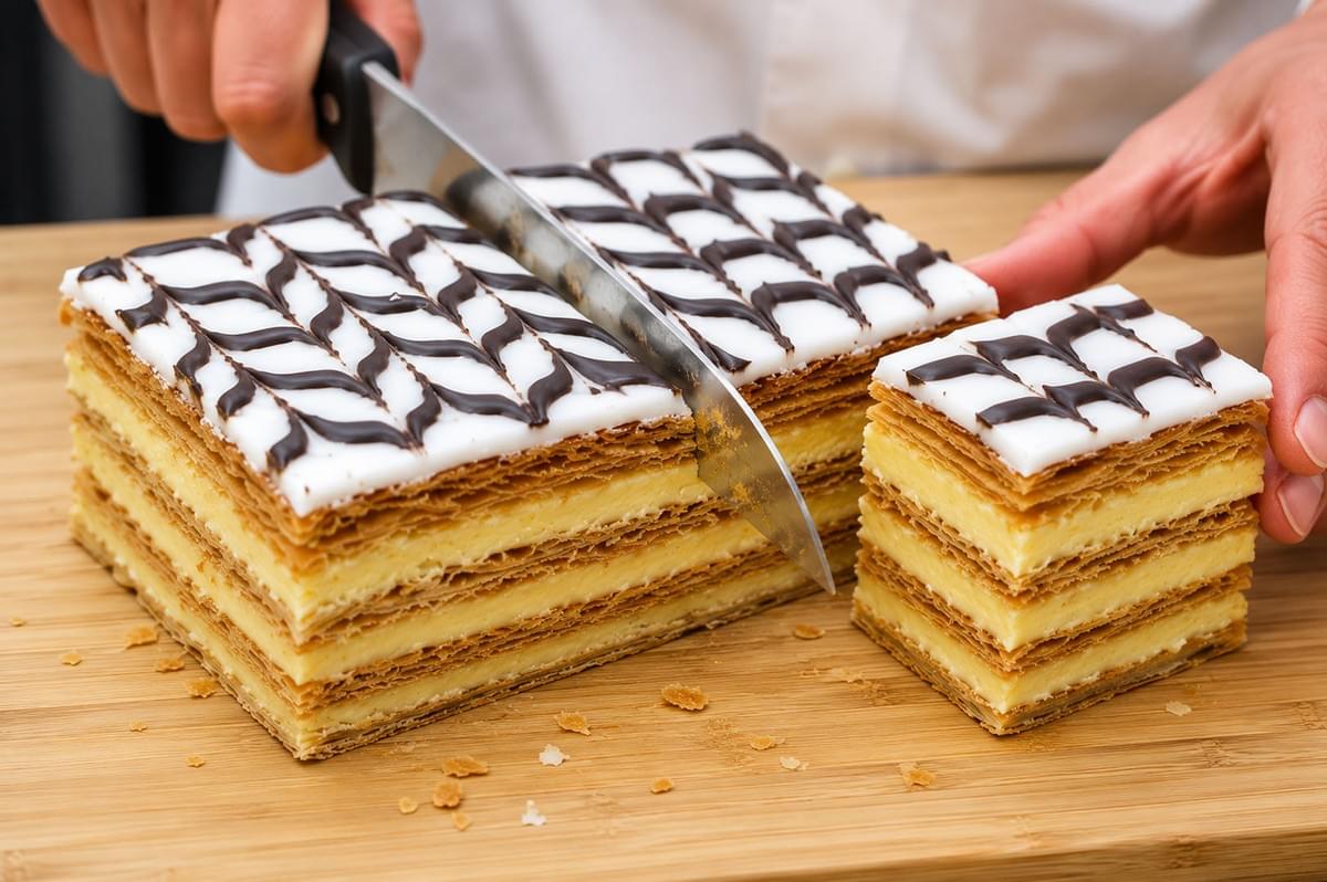 Chef slicing a large Mille-Feuille topped with white fondant icing and a chocolate zig-zag pattern on a wooden cutting board Chef slicing a large Mille-Feuille topped with white fondant icing and a chocolate zig-zag pattern on a wooden cutting board