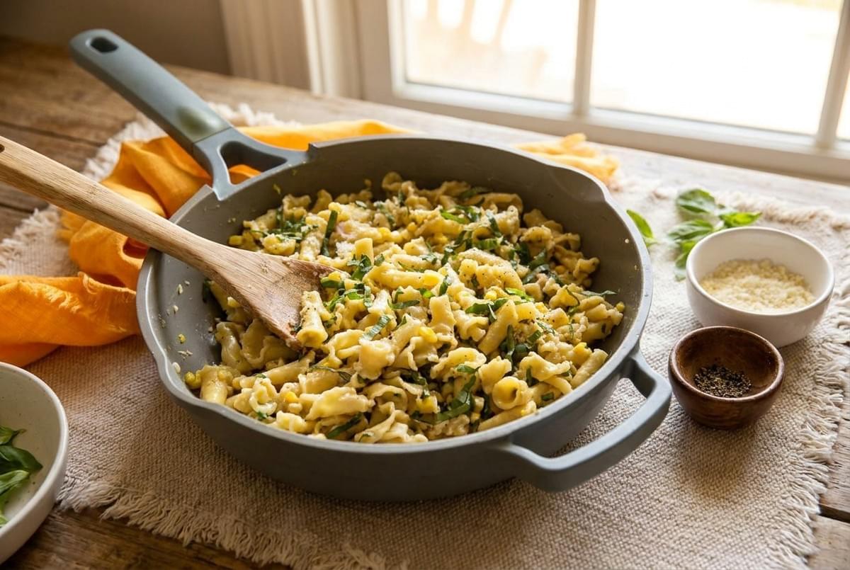 Cooked creamy pasta tossed with herbs and corn in a skillet with a wooden spoon resting inside. Cooked creamy pasta tossed with herbs and corn in a skillet with a wooden spoon resting inside.