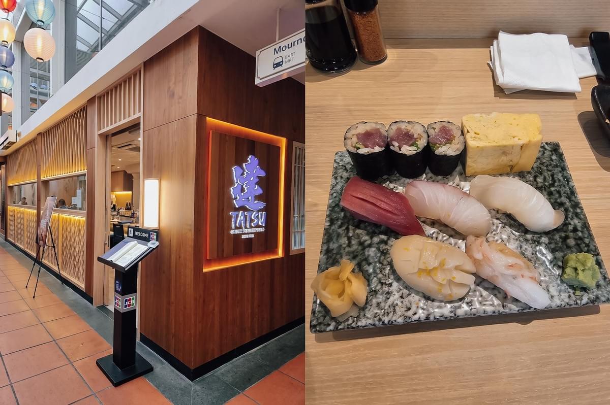 Left: The exterior storefront of Tatsu restaurant features warm wood paneling, a glowing purple-and-white sign bearing the restaurant's name, and a welcome stand with a menu outside Right: A textured dark stone plate on a wooden table holds an assortment of sushi, including tuna rolls, pieces of nigiri with various fish toppings, tamagoyaki (egg omelet), pickled ginger, and wasabi Left: The exterior storefront of Tatsu restaurant features warm wood paneling, a glowing purple-and-white sign bearing the restaurant's name, and a welcome stand with a menu outside Right: A textured dark stone plate on a wooden table holds an assortment of sushi, including tuna rolls, pieces of nigiri with various fish toppings, tamagoyaki (egg omelet), pickled ginger, and wasabi