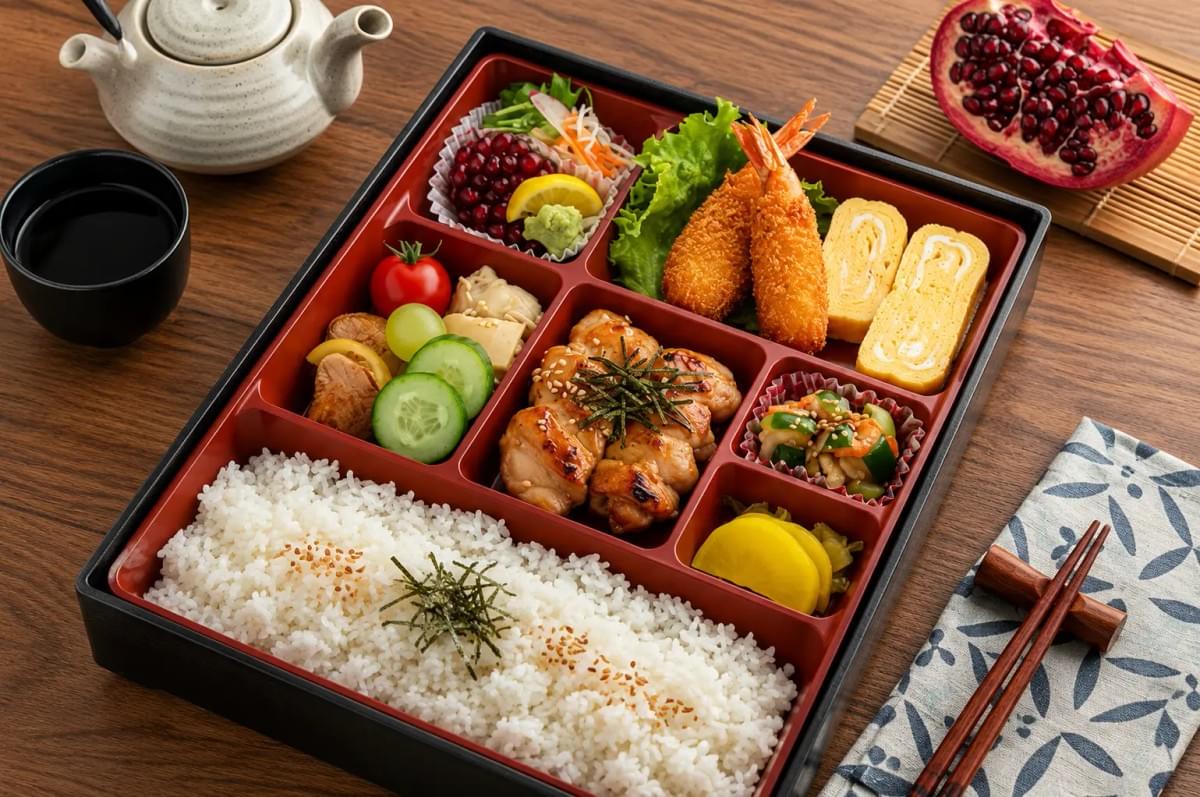A multi-compartment Japanese bento box filled with grilled teriyaki chicken, tempura shrimp, tamagoyaki, rice, side salads, and fresh fruit. A multi-compartment Japanese bento box filled with grilled teriyaki chicken, tempura shrimp, tamagoyaki, rice, side salads, and fresh fruit.
