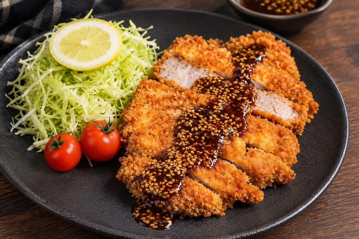 Overhead view of two tonkatsu plates served with shredded cabbage, sauces, chopsticks, and glasses of beer. Overhead view of two tonkatsu plates served with shredded cabbage, sauces, chopsticks, and glasses of beer.