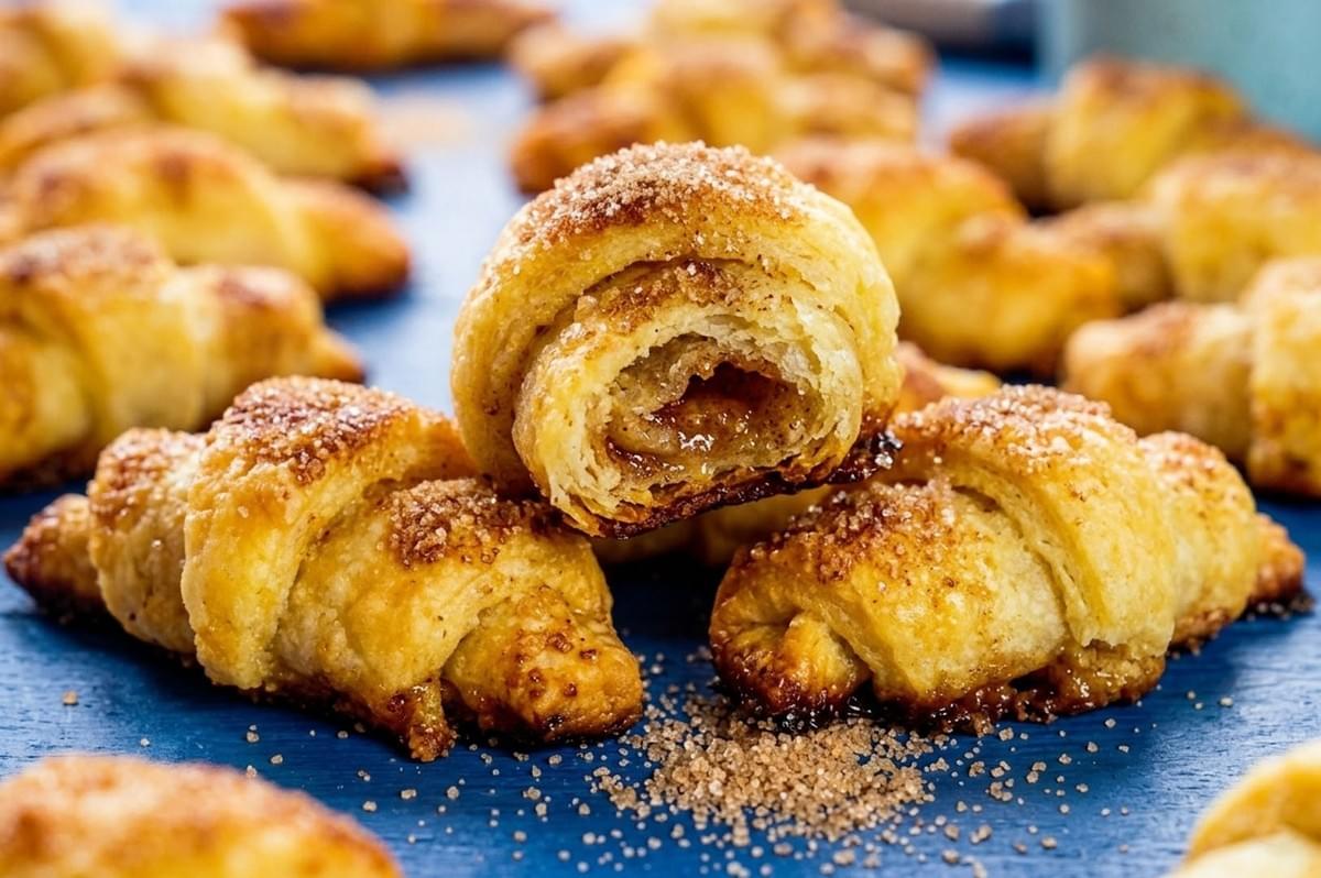 Golden rugelach pastries sprinkled with sugar on blue surface, one showing cinnamon filling swirl Golden rugelach pastries sprinkled with sugar on blue surface, one showing cinnamon filling swirl
