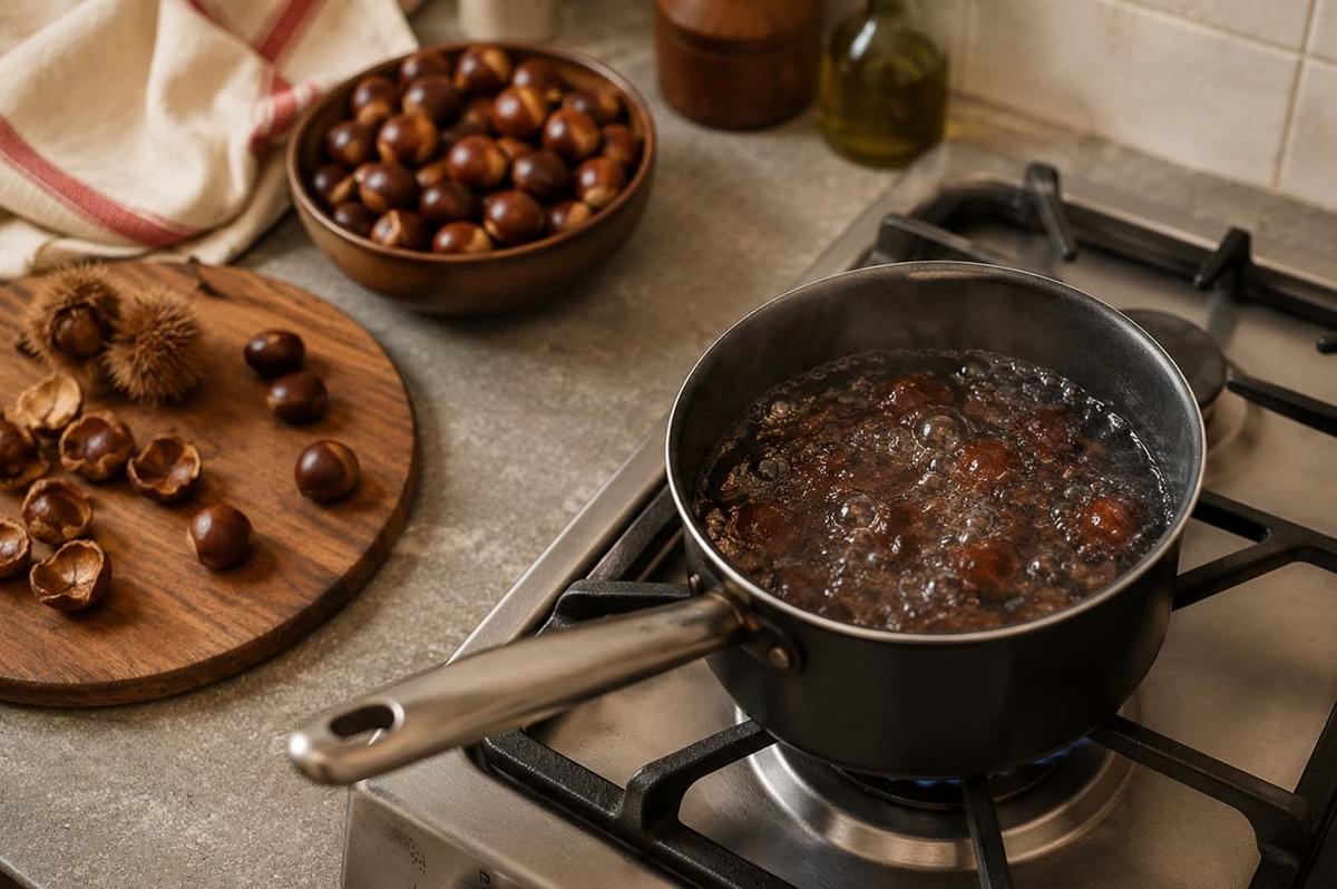 Chestnuts boiling in water in a saucepan on a gas stovetop, with peeled chestnuts visible on a wooden board nearby Chestnuts boiling in water in a saucepan on a gas stovetop, with peeled chestnuts visible on a wooden board nearby