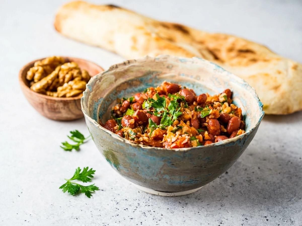 Glazed ceramic bowl filled with red kidney bean salad, garnished with fresh herbs and served with walnuts and bread. Glazed ceramic bowl filled with red kidney bean salad, garnished with fresh herbs and served with walnuts and bread.