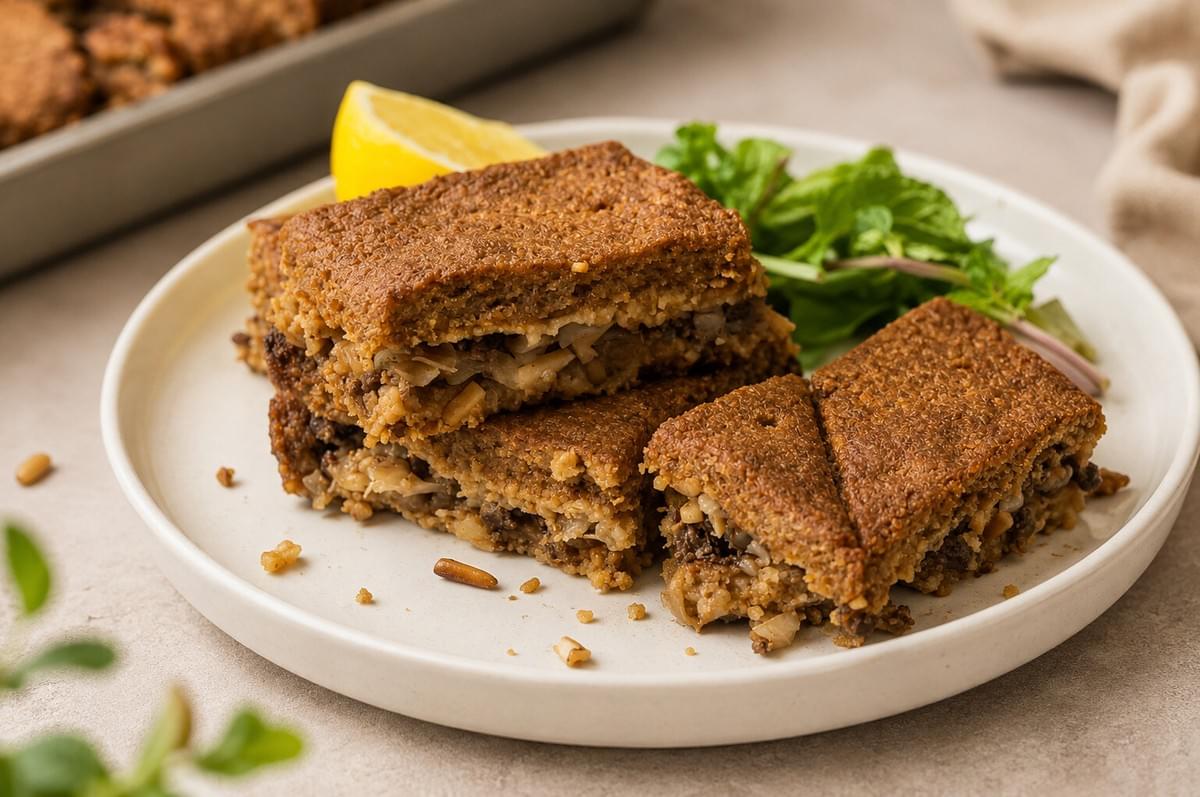 Slices of layered baked kibbeh served on a ceramic plate alongside fresh mint and a lemon wedge. Slices of layered baked kibbeh served on a ceramic plate alongside fresh mint and a lemon wedge.