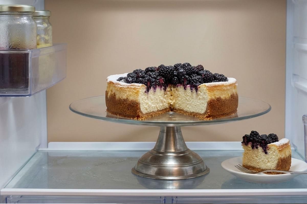 Blackberry-topped ricotta cheesecake on a glass stand inside a refrigerator with a served slice nearby Blackberry-topped ricotta cheesecake on a glass stand inside a refrigerator with a served slice nearby