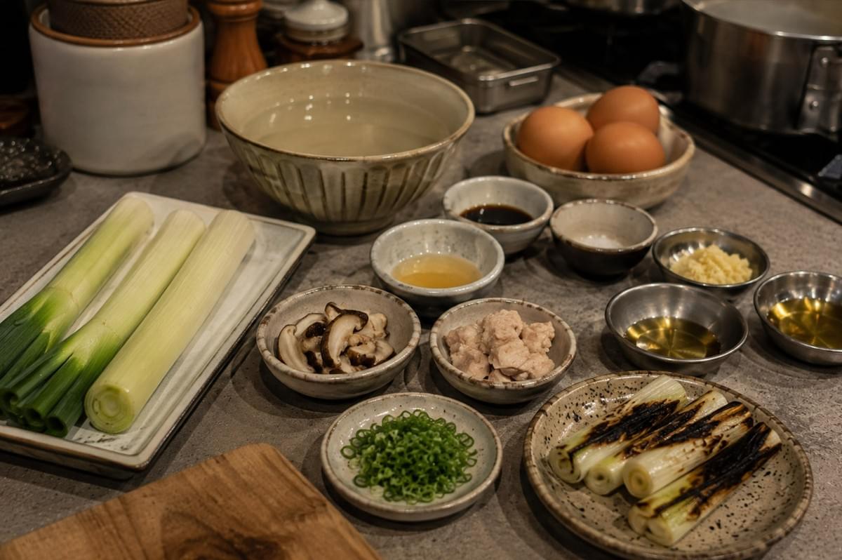 A overhead flat-lay composition presents an array of prepped ingredients for making chawanmushi arranged across a grey countertop. Three fresh, whole leeks lie on a long rectangular plate on the left, balanced on the right by a small plate of charred, sliced leek pieces, a bowl of sliced scallions, raw brown eggs, shiitake mushrooms, diced chicken, soy sauce, and small metal ramekins of oils. In the top center, a large ceramic bowl filled with clear dashi broth sits alongside additional seasoning dishes and a wooden cutting board. A overhead flat-lay composition presents an array of prepped ingredients for making chawanmushi arranged across a grey countertop. Three fresh, whole leeks lie on a long rectangular plate on the left, balanced on the right by a small plate of charred, sliced leek pieces, a bowl of sliced scallions, raw brown eggs, shiitake mushrooms, diced chicken, soy sauce, and small metal ramekins of oils. In the top center, a large ceramic bowl filled with clear dashi broth sits alongside additional seasoning dishes and a wooden cutting board.