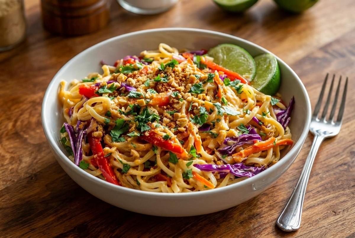 A bowl of cold peanut noodles tossed with sliced red cabbage, bell peppers, crushed peanuts, and lime wedges. A bowl of cold peanut noodles tossed with sliced red cabbage, bell peppers, crushed peanuts, and lime wedges.