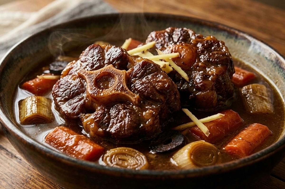 A tight, detailed macro shot of a bowl of oxtail stew, emphasizing the rich texture of the braised meat and the steam rising from the surface. The central oxtail piece is glazed in a dark, umami-rich sauce, topped with bright julienned ginger. Visible in the deep broth are soft carrots, rounds of leek, and a slice of black garlic. The bowl has a rustic, dark teal glaze, and the background is a blurred, warm wooden surface. A tight, detailed macro shot of a bowl of oxtail stew, emphasizing the rich texture of the braised meat and the steam rising from the surface. The central oxtail piece is glazed in a dark, umami-rich sauce, topped with bright julienned ginger. Visible in the deep broth are soft carrots, rounds of leek, and a slice of black garlic. The bowl has a rustic, dark teal glaze, and the background is a blurred, warm wooden surface.