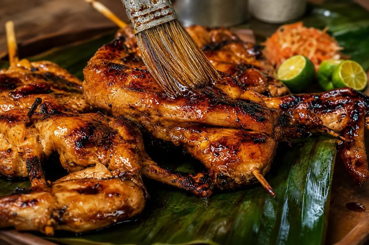 "A brush basting savory sauce onto grilled chicken skewers on a banana leaf with lime wedges nearby.” "A brush basting savory sauce onto grilled chicken skewers on a banana leaf with lime wedges nearby.”