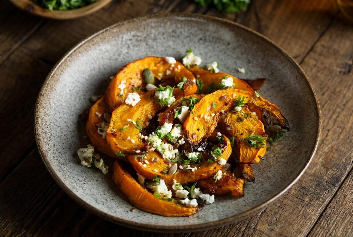 Roasted pumpkin slices sprinkled with crumbled feta cheese, pumpkin seeds, and herbs in a bowl. Roasted pumpkin slices sprinkled with crumbled feta cheese, pumpkin seeds, and herbs in a bowl.