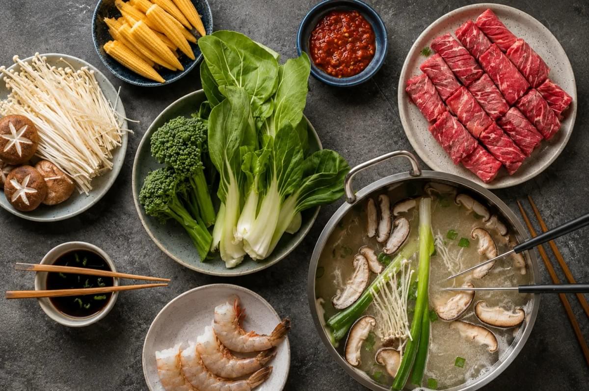 Flat lay of a single hot pot broth surrounded by raw beef rolls, prawns, mushrooms, baby corn, and greens. Flat lay of a single hot pot broth surrounded by raw beef rolls, prawns, mushrooms, baby corn, and greens.