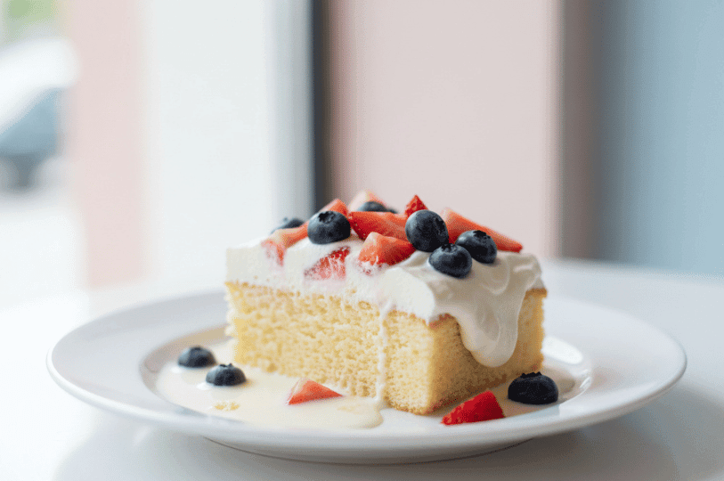 A bright, clean shot of a Tres Leches cake slice on a white plate, garnished with fresh blueberries and sliced strawberries, sitting in a shallow pool of sweet cream. A bright, clean shot of a Tres Leches cake slice on a white plate, garnished with fresh blueberries and sliced strawberries, sitting in a shallow pool of sweet cream.