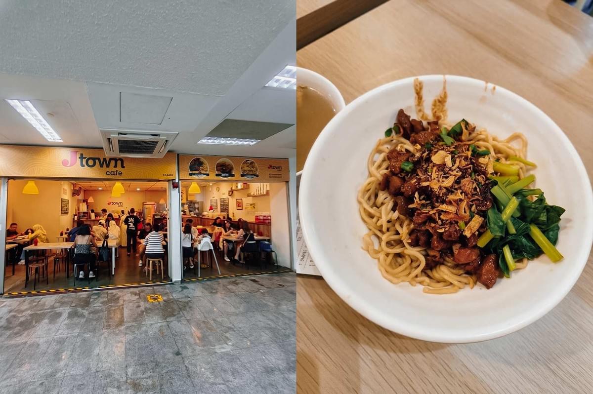 This split-screen image highlights Jtown Cafe, featuring the eatery's simple open storefront on the left with yellow accents, warm interior lighting, and casual dining seating, while the right side displays a close-up top-down view of a white bowl filled with Indonesian-style chicken noodles (*bakmi ayam*) topped with savory diced chicken, crispy fried shallots, and leafy green vegetables. This split-screen image highlights Jtown Cafe, featuring the eatery's simple open storefront on the left with yellow accents, warm interior lighting, and casual dining seating, while the right side displays a close-up top-down view of a white bowl filled with Indonesian-style chicken noodles (*bakmi ayam*) topped with savory diced chicken, crispy fried shallots, and leafy green vegetables.