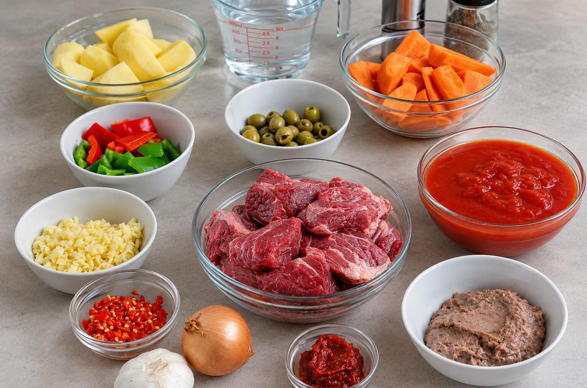 Bowls of raw beef cubes, chopped vegetables, olives, tomato sauce, and spices arranged on a counter for beef kaldereta. Bowls of raw beef cubes, chopped vegetables, olives, tomato sauce, and spices arranged on a counter for beef kaldereta.