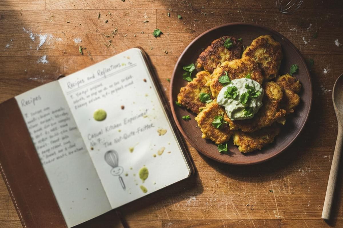 Overhead view of golden-brown vegetable fritters topped with herb cream on a rustic plate next to an open handwritten recipe journal titled "Casual Kitchen Experiment." Overhead view of golden-brown vegetable fritters topped with herb cream on a rustic plate next to an open handwritten recipe journal titled "Casual Kitchen Experiment."