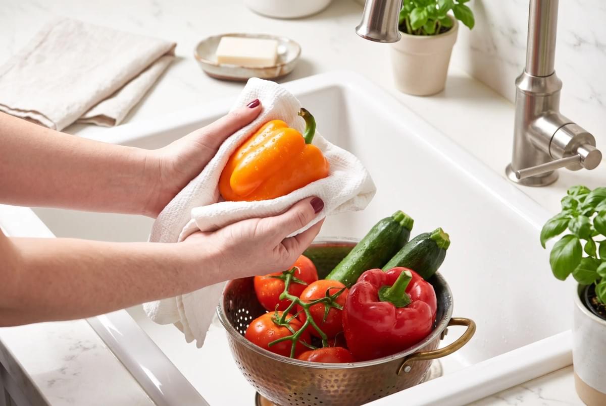 Person drying a fresh orange bell pepper over a kitchen sink filled with washed vegetables in a colander. Person drying a fresh orange bell pepper over a kitchen sink filled with washed vegetables in a colander.