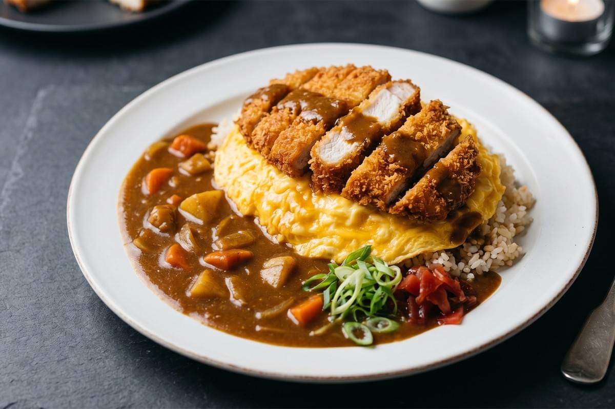 Crispy chicken katsu cutlet sliced over a soft-scrambled omelet rice with savory Japanese curry sauce on a white round plate. Crispy chicken katsu cutlet sliced over a soft-scrambled omelet rice with savory Japanese curry sauce on a white round plate.