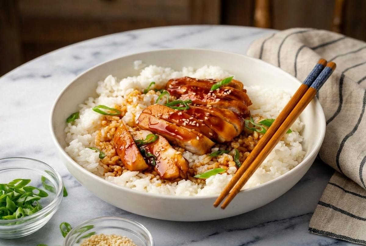 Sliced chicken teriyaki served over white rice, garnished with green onions and sesame seeds. Sliced chicken teriyaki served over white rice, garnished with green onions and sesame seeds.