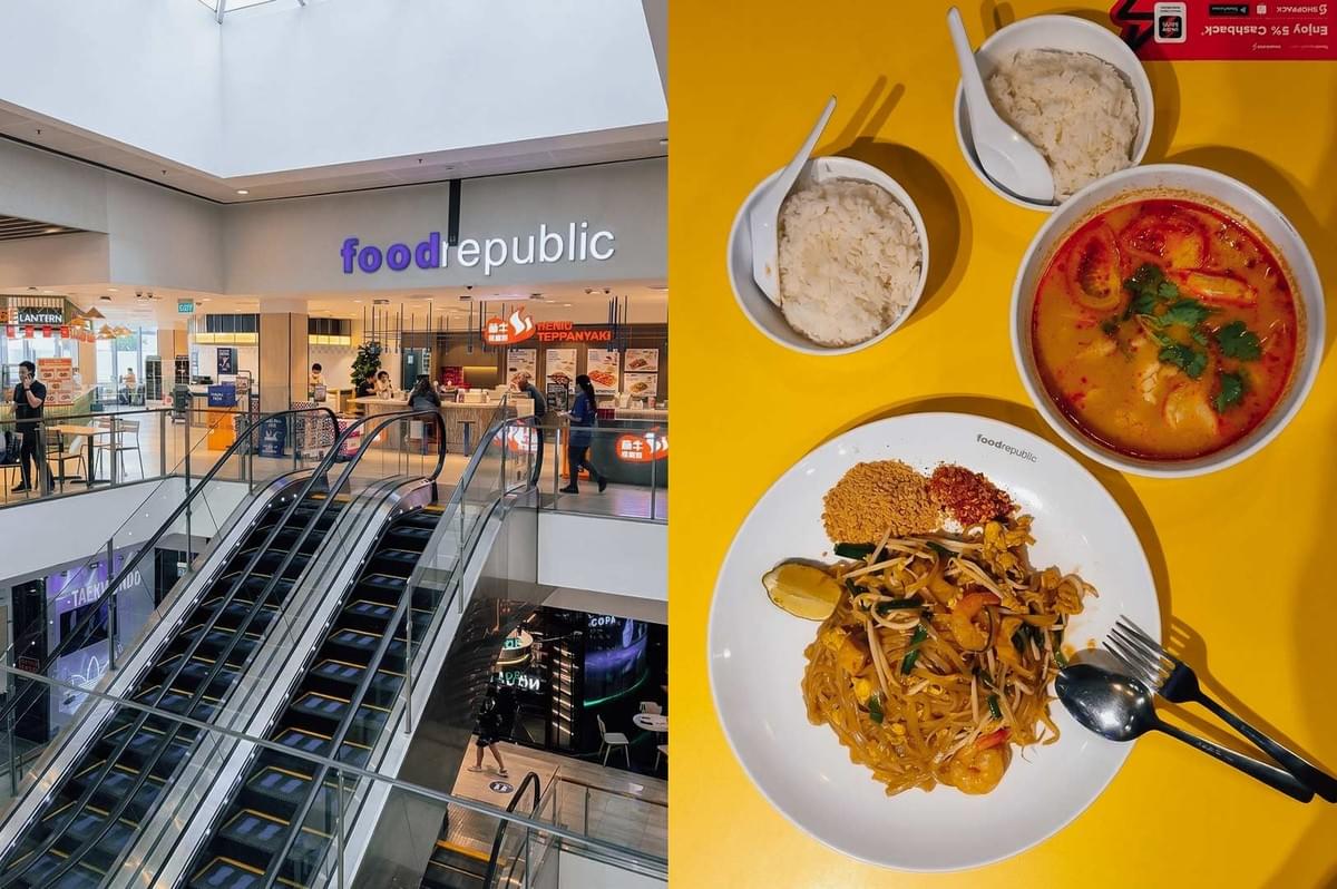 This split-screen image highlights Food Republic, showing an elevated atrium view of the food court entrance on the left with escalators leading up past glass railings to illuminated "foodrepublic" sign lettering, while the right side presents a top-down view of a bright yellow table set with a plate of Pad Thai garnished with crushed peanuts, chili flakes, and a lime wedge, alongside a bowl of spicy tom yum soup and two bowls of steamed white rice. This split-screen image highlights Food Republic, showing an elevated atrium view of the food court entrance on the left with escalators leading up past glass railings to illuminated "foodrepublic" sign lettering, while the right side presents a top-down view of a bright yellow table set with a plate of Pad Thai garnished with crushed peanuts, chili flakes, and a lime wedge, alongside a bowl of spicy tom yum soup and two bowls of steamed white rice.