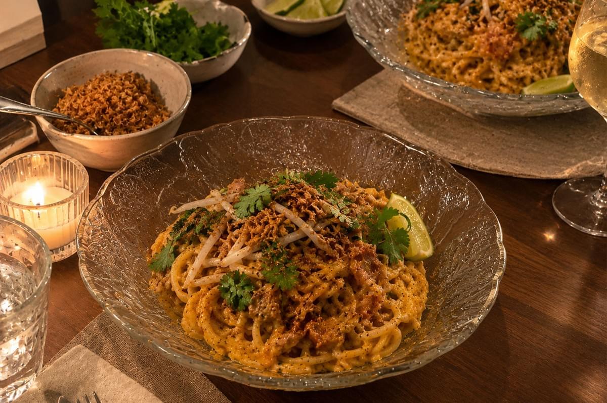 A warm, ambient dining scene displays a table set with two bowls of laksa carbonara in clear glass bowls alongside a lit candle, side dishes of herbs and crispy shallots, and a glass of white wine. A warm, ambient dining scene displays a table set with two bowls of laksa carbonara in clear glass bowls alongside a lit candle, side dishes of herbs and crispy shallots, and a glass of white wine.