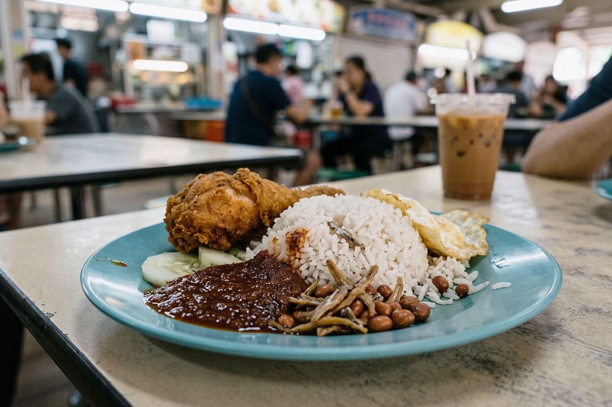 A plate of nasi lemak featuring coconut rice, fried chicken, sambal, crispy anchovies, peanuts, cucumber slices, and a fried egg, served with iced coffee. A plate of nasi lemak featuring coconut rice, fried chicken, sambal, crispy anchovies, peanuts, cucumber slices, and a fried egg, served with iced coffee.