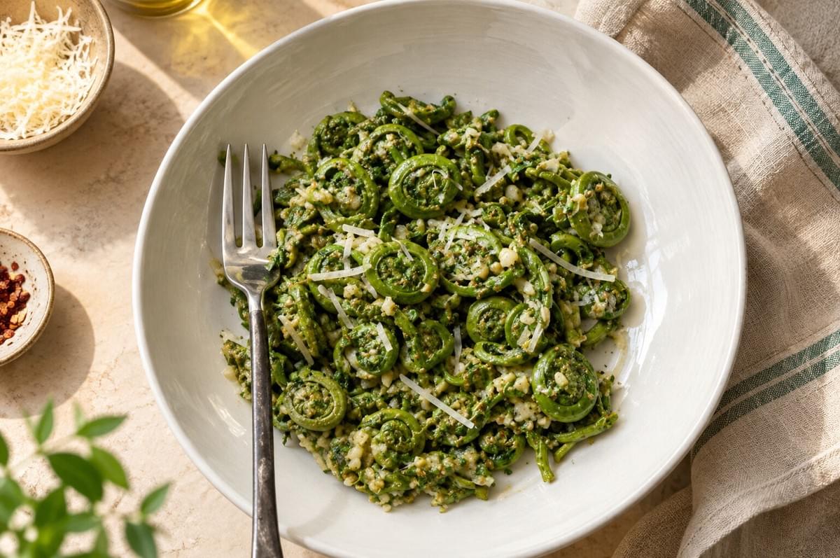 Sautéed fiddlehead ferns garnished with grated parmesan cheese in a white ceramic bowl. Sautéed fiddlehead ferns garnished with grated parmesan cheese in a white ceramic bowl.