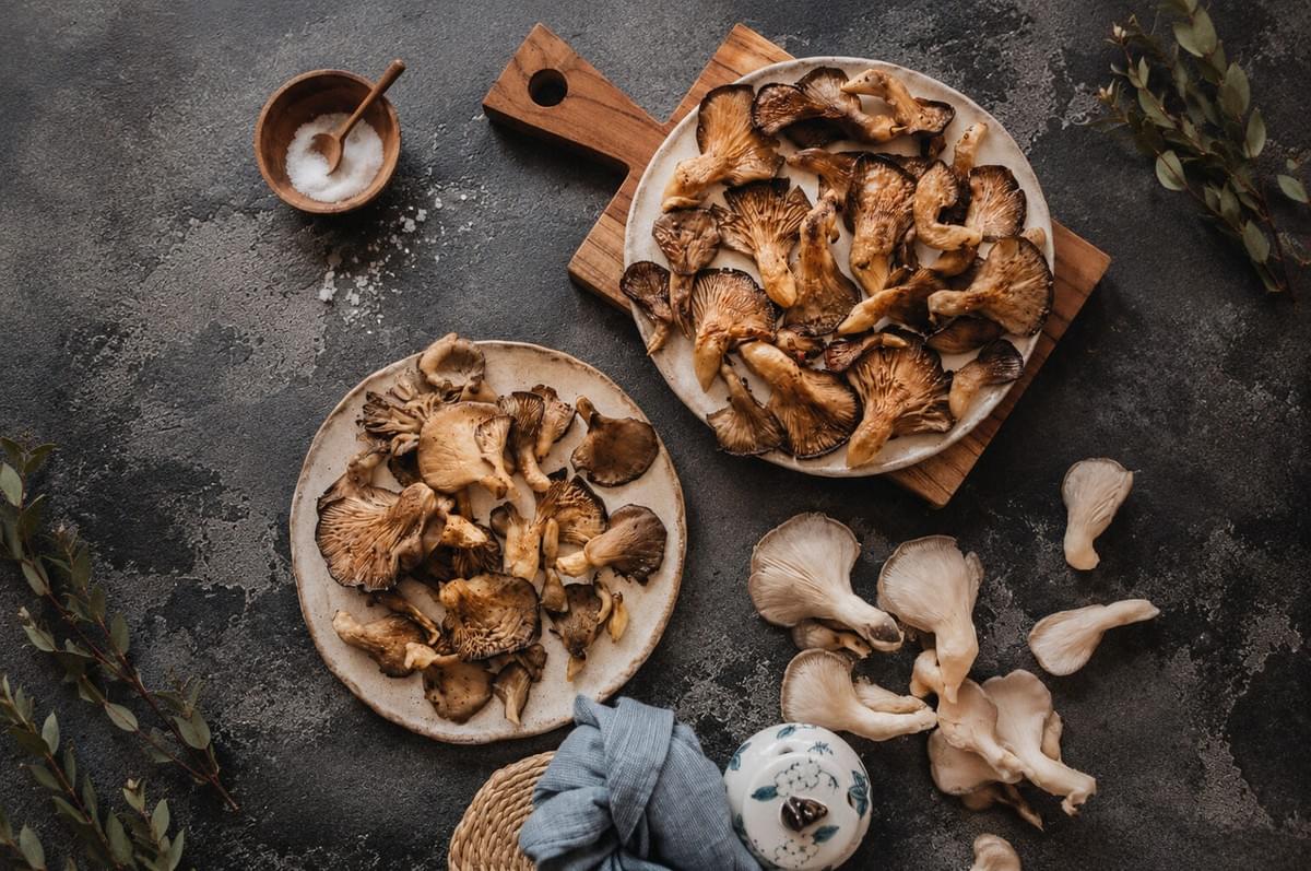 Two ceramic plates of cooked oyster mushrooms alongside raw mushrooms, a wooden salt bowl, and a cutting board on a dark background. Two ceramic plates of cooked oyster mushrooms alongside raw mushrooms, a wooden salt bowl, and a cutting board on a dark background.