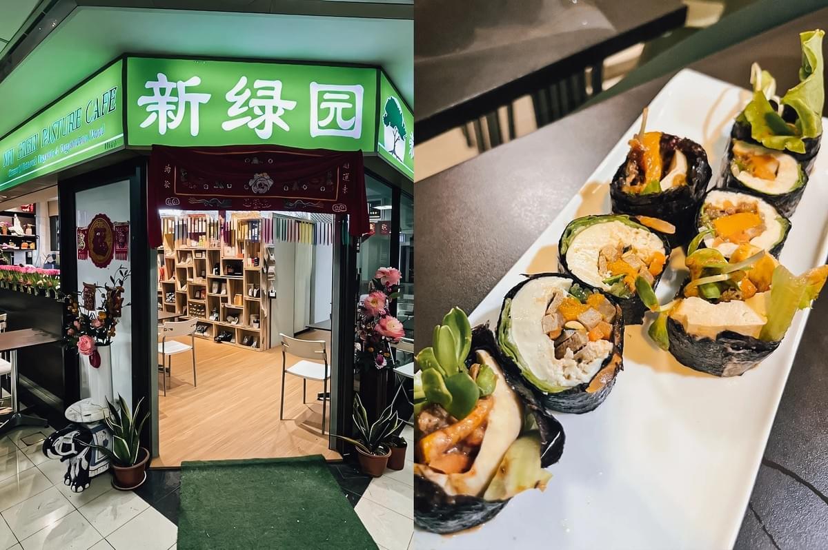 Left: Eye-level wide-angle view of a green storefront sign with Chinese characters above a small café entrance, featuring wooden shelving, light wood flooring, potted plants, and simple chairs in a mall corridor setting; Right: Close-up three-quarter shot of sliced sushi rolls arranged on a white rectangular plate, filled with vegetables and tofu, drizzled with sauce under warm indoor lighting. Left: Eye-level wide-angle view of a green storefront sign with Chinese characters above a small café entrance, featuring wooden shelving, light wood flooring, potted plants, and simple chairs in a mall corridor setting; Right: Close-up three-quarter shot of sliced sushi rolls arranged on a white rectangular plate, filled with vegetables and tofu, drizzled with sauce under warm indoor lighting.