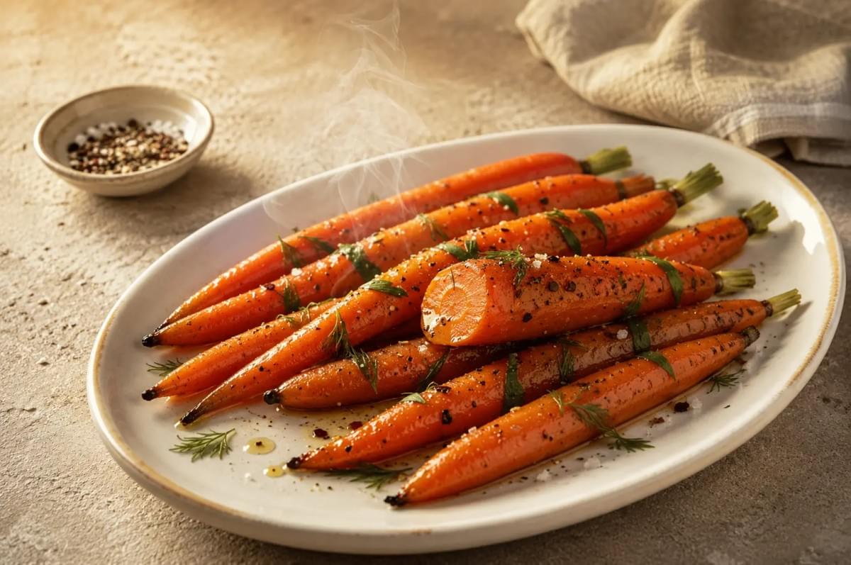 A steaming platter of whole, roasted orange carrots garnished with fresh dill, cracked black pepper, and coarse salt, served on an oval ceramic plate. A steaming platter of whole, roasted orange carrots garnished with fresh dill, cracked black pepper, and coarse salt, served on an oval ceramic plate.