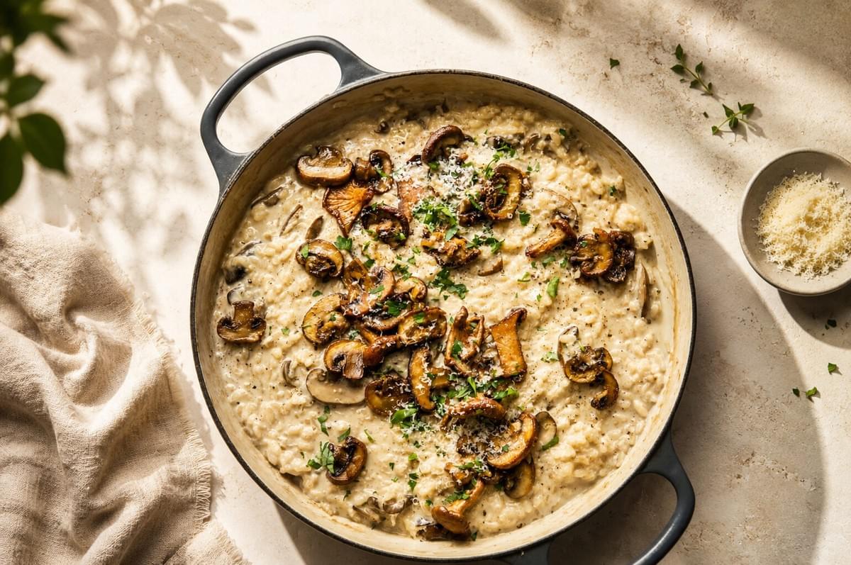 Creamy mushroom risotto topped with sautéed mushrooms, fresh herbs, and parmesan cheese in a large skillet. Creamy mushroom risotto topped with sautéed mushrooms, fresh herbs, and parmesan cheese in a large skillet.