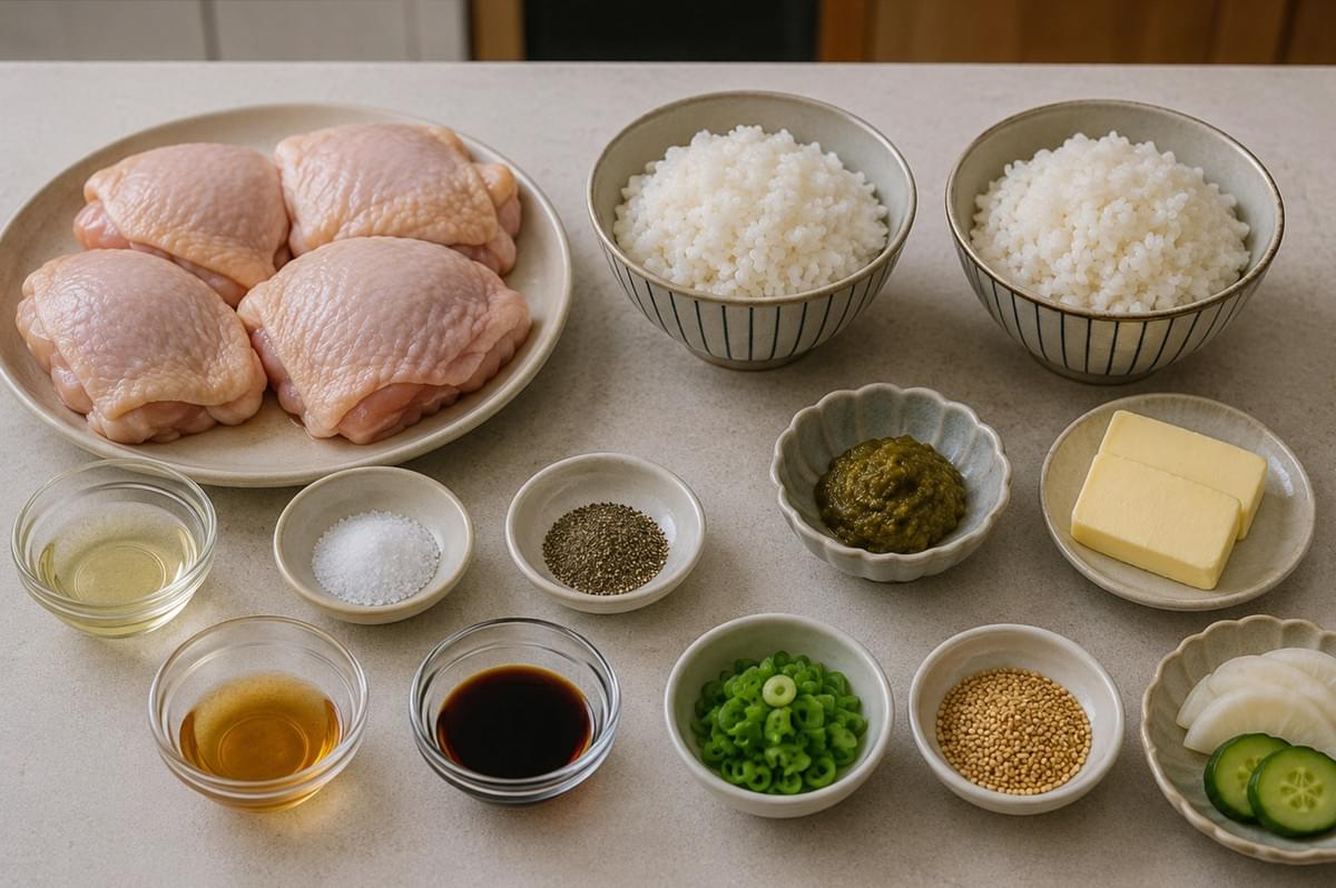 A variety of raw ingredients for a chicken dish are neatly arranged on a light-colored countertop. The display includes four raw chicken thighs on a plate, two bowls of white rice, and several small glass and ceramic dishes containing liquid seasonings, salt, pepper, a green paste, butter, chopped green onions, sesame seeds, and pickled cucumber slices. A variety of raw ingredients for a chicken dish are neatly arranged on a light-colored countertop. The display includes four raw chicken thighs on a plate, two bowls of white rice, and several small glass and ceramic dishes containing liquid seasonings, salt, pepper, a green paste, butter, chopped green onions, sesame seeds, and pickled cucumber slices.