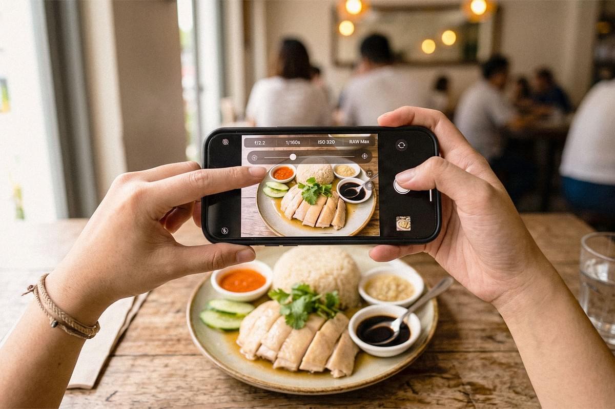 A person photographs a plate of Hainanese chicken rice with their smartphone at a restaurant. A person photographs a plate of Hainanese chicken rice with their smartphone at a restaurant.