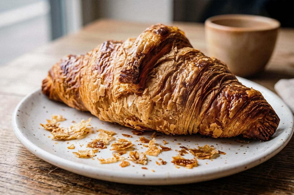 Close-up of a golden-brown, flaky croissant on a white plate, with pastry flakes scattered around it and a cup of coffee in the background. Close-up of a golden-brown, flaky croissant on a white plate, with pastry flakes scattered around it and a cup of coffee in the background.