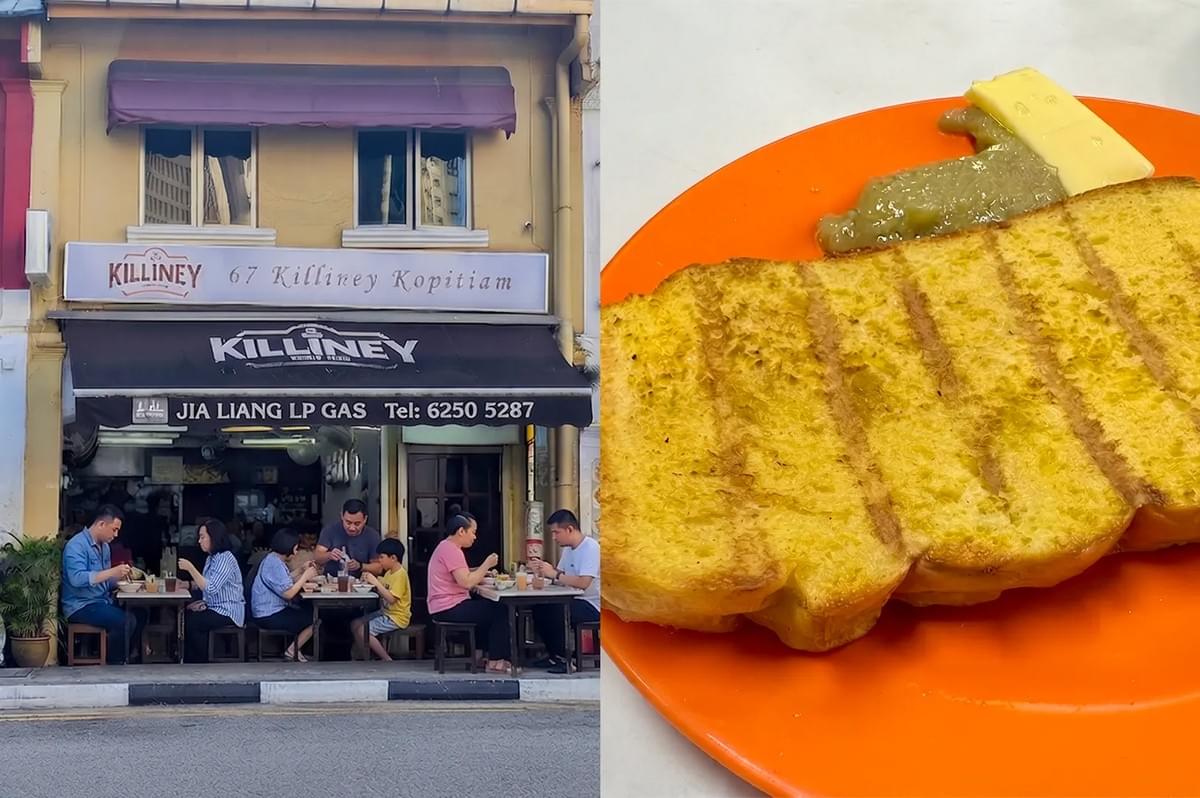 Killney Kopitiam storefront at 67 Killiney Road alongside traditional Singaporean kaya toast served with butter on an orange plate. Killney Kopitiam storefront at 67 Killiney Road alongside traditional Singaporean kaya toast served with butter on an orange plate.