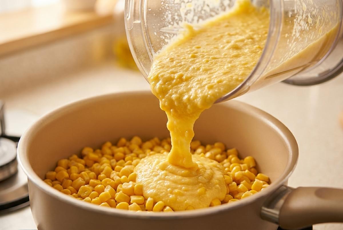 Blended corn puree being poured from a blender into a pan filled with whole corn kernels. Blended corn puree being poured from a blender into a pan filled with whole corn kernels.
