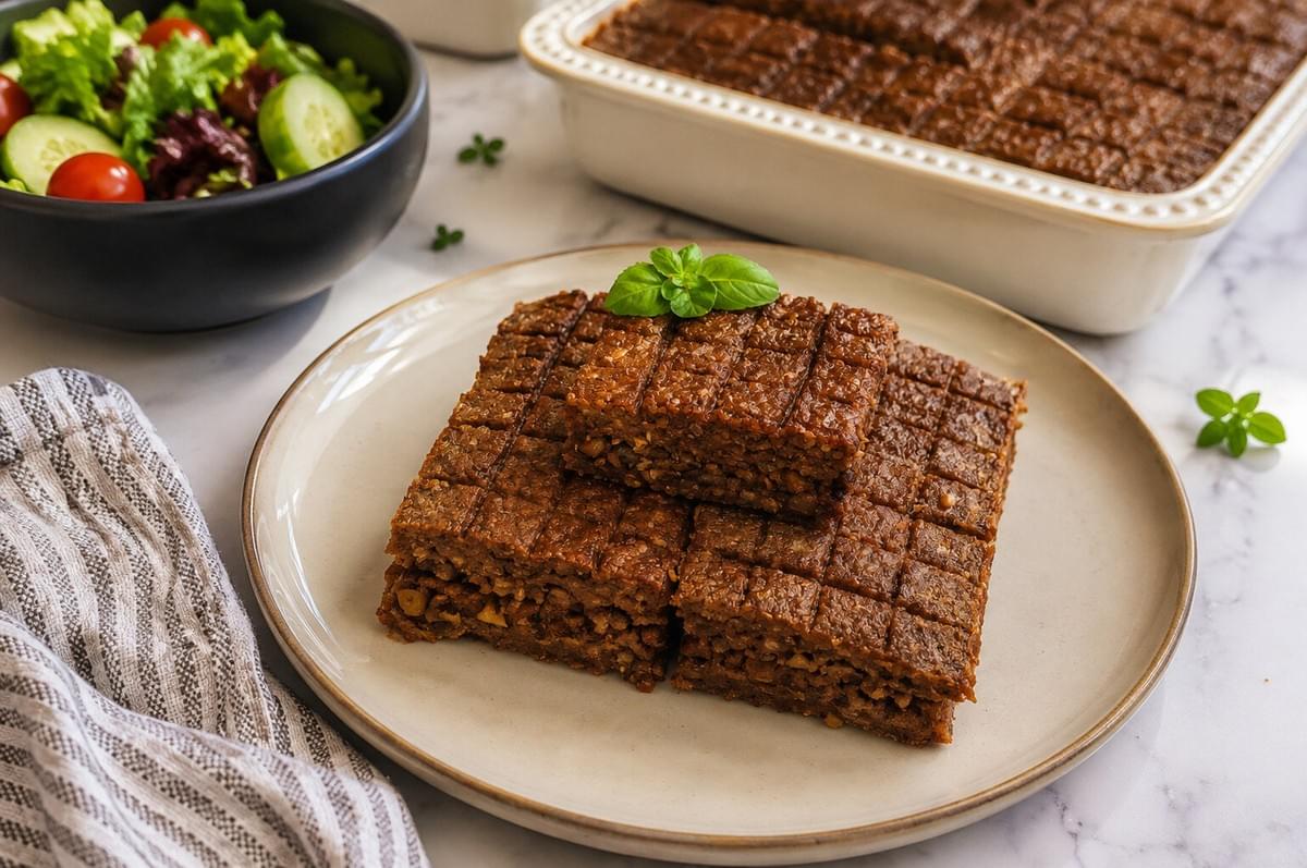 Square-cut slices of baked kibbeh stacked on a plate, garnished with fresh basil leaves next to a bowl of salad. Square-cut slices of baked kibbeh stacked on a plate, garnished with fresh basil leaves next to a bowl of salad.