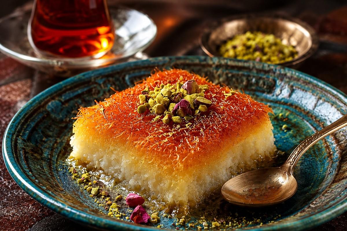 A square slice of golden kunafa dessert topped with chopped pistachios and dried rosebuds, served on an ornate blue ceramic plate next to a spoon and a glass of tea. A square slice of golden kunafa dessert topped with chopped pistachios and dried rosebuds, served on an ornate blue ceramic plate next to a spoon and a glass of tea.
