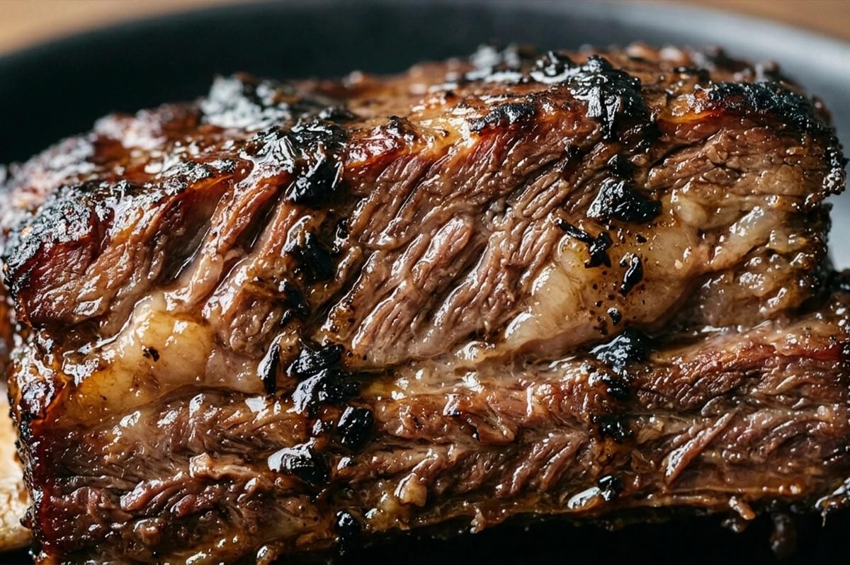 Macro photograph focusing exclusively on the texture of a sliced cross-section of a deeply braised short rib. The image is a tight close-up, revealing the intricate patterns of the tenderized muscle fibers (the grain of the meat), which are dark, rich, and slightly pink. Interwoven with the meat fibers are prominent layers of rendered, golden-rendered fat, glistening and almost translucent. The top surface of the rib block shows a dense, dark, caramelized bark with individual pieces of char and spice crust. The lighting is very sharp and directional, highlighting the textures of every fiber and fat pocket. The background is entirely out of focus, just a blurred suggestion of a dark plate. Macro photograph focusing exclusively on the texture of a sliced cross-section of a deeply braised short rib. The image is a tight close-up, revealing the intricate patterns of the tenderized muscle fibers (the grain of the meat), which are dark, rich, and slightly pink. Interwoven with the meat fibers are prominent layers of rendered, golden-rendered fat, glistening and almost translucent. The top surface of the rib block shows a dense, dark, caramelized bark with individual pieces of char and spice crust. The lighting is very sharp and directional, highlighting the textures of every fiber and fat pocket. The background is entirely out of focus, just a blurred suggestion of a dark plate.
