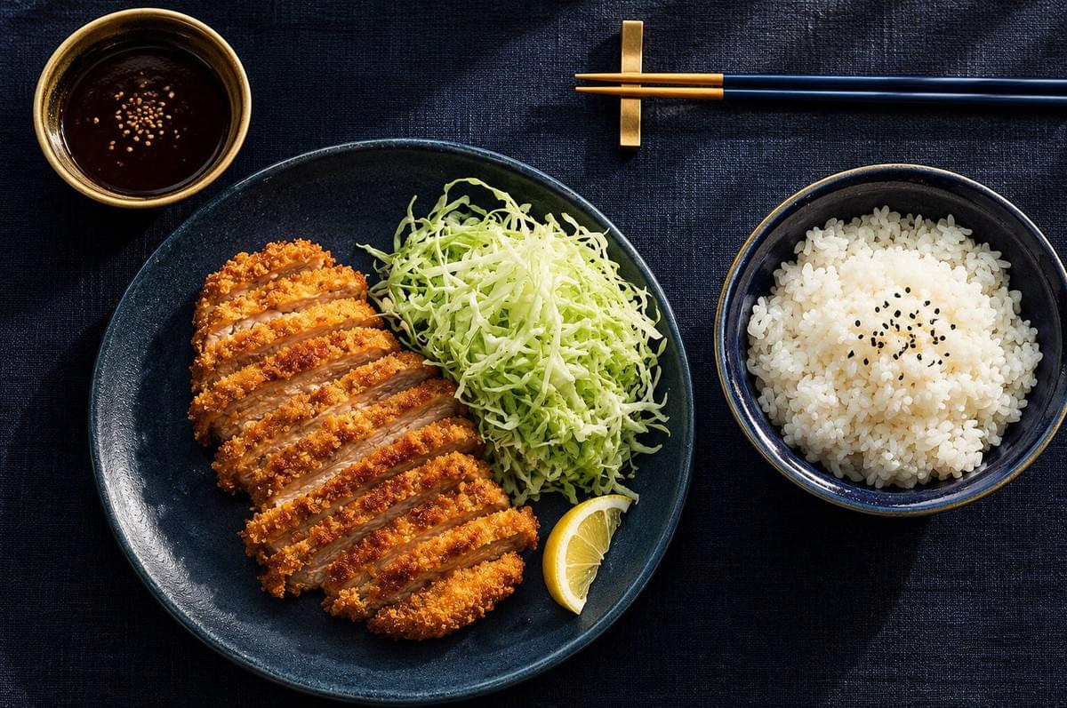 Crispy tonkatsu cutlet served on a wire rack with shredded cabbage, tonkatsu sauce, and a lemon wedge. Crispy tonkatsu cutlet served on a wire rack with shredded cabbage, tonkatsu sauce, and a lemon wedge.