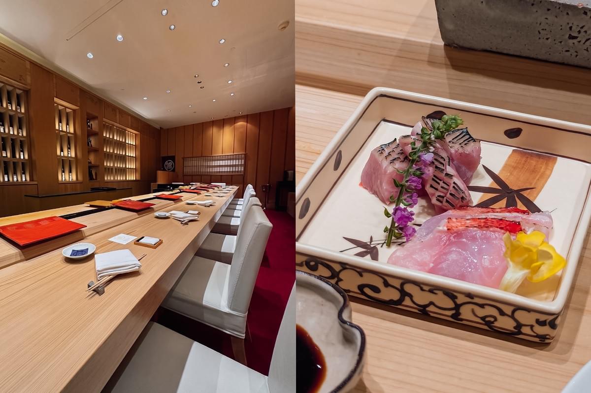 Left Side: Shows the interior of an upscale Japanese restaurant with a long, pristine light-wood counter, white-cushioned chairs, warm lighting, and wood-paneled walls. Right Side: Features a close-up of a decorative rectangular ceramic plate holding fresh slices of sashimi garnished with edible flowers and delicate cuts, sitting next to a small dish of dipping sauce. Left Side: Shows the interior of an upscale Japanese restaurant with a long, pristine light-wood counter, white-cushioned chairs, warm lighting, and wood-paneled walls. Right Side: Features a close-up of a decorative rectangular ceramic plate holding fresh slices of sashimi garnished with edible flowers and delicate cuts, sitting next to a small dish of dipping sauce.