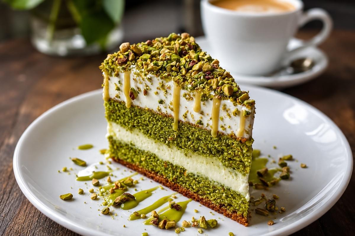 A tall, elegant slice of pistachio layer cake featuring vibrant green sponge, creamy white filling, white frosting, caramel drizzle, and crushed pistachios. A tall, elegant slice of pistachio layer cake featuring vibrant green sponge, creamy white filling, white frosting, caramel drizzle, and crushed pistachios.